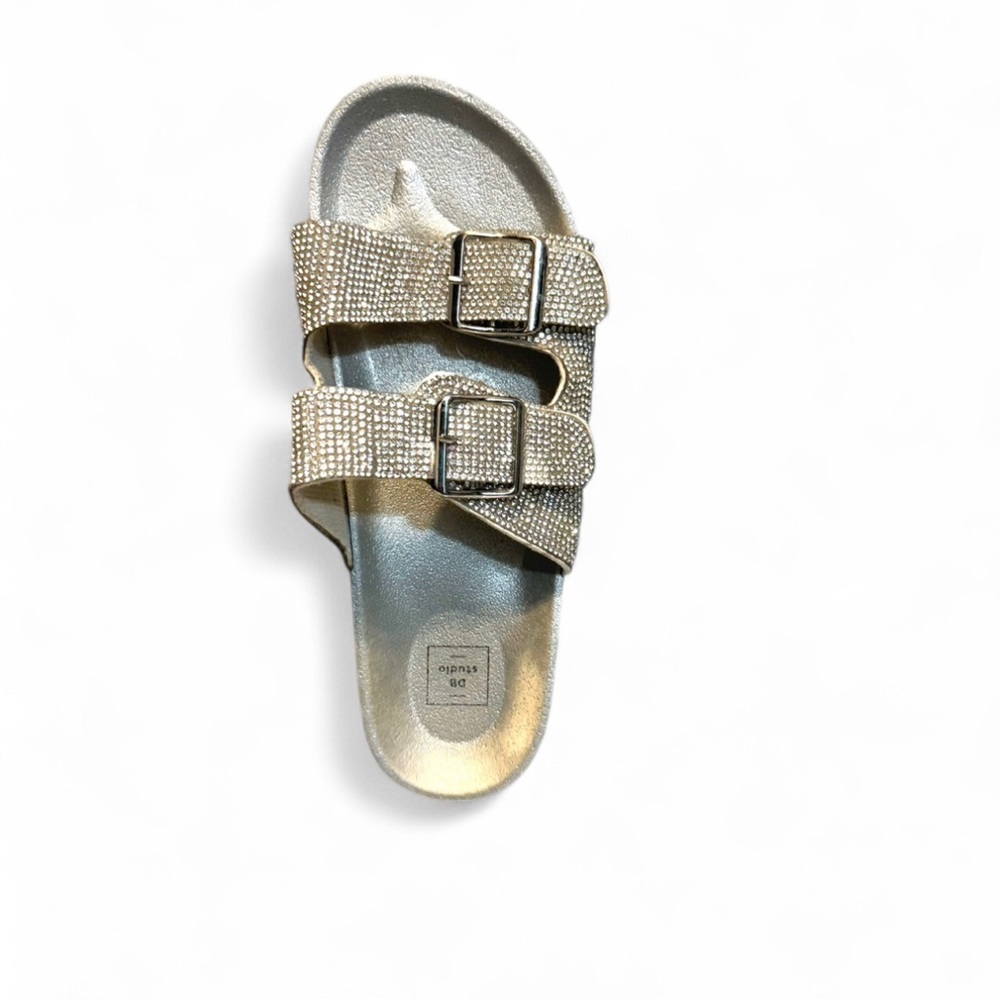 DB Studio | Women’s Silver Metallic Sandals with Buckles & Rhinestones | 8